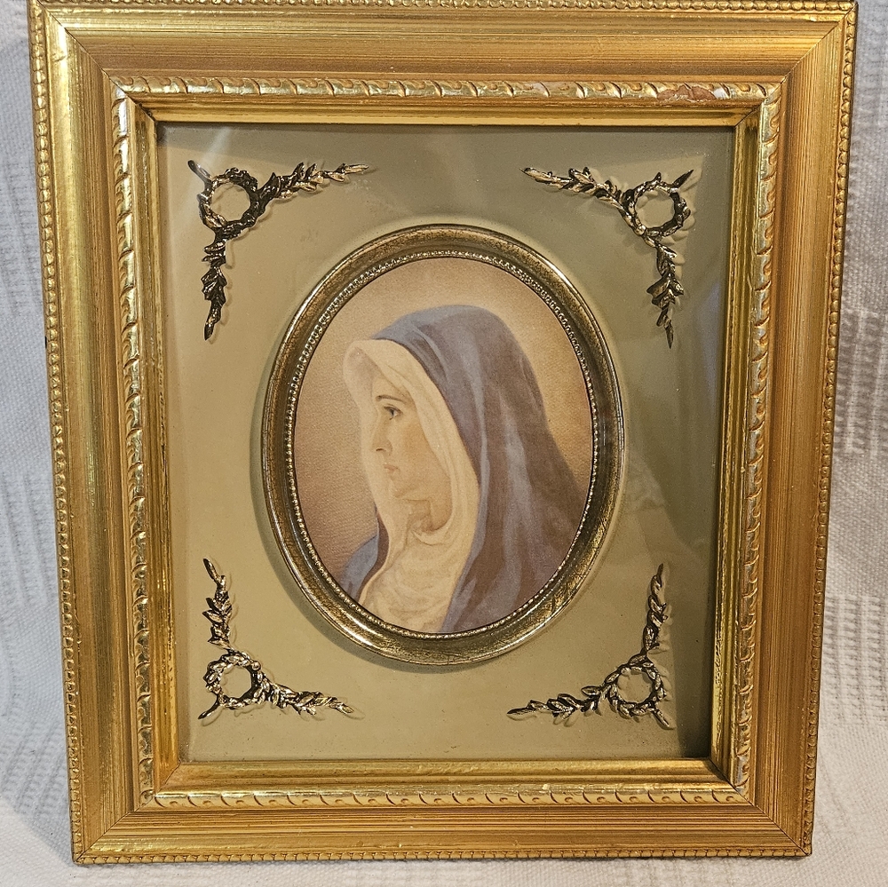 Vintage Turner Print Mother Mary in Italian Style Gold Shadow Box Frame